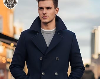 Casaco masculino de lã mista com abotoamento duplo | Casaco clássico de inverno para homens