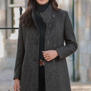Ladies Herringbone Tweed Funnel Coat | Women’s Wool Winter Coat | Vintage Style Tailored Jacket