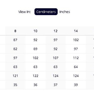 May include: A white table of garment measurements in centimeters, including chest, waist, hips, overarm, back length, and across shoulder. Sizes range from 8 to 18. The image also shows the option to view measurements in inches.
