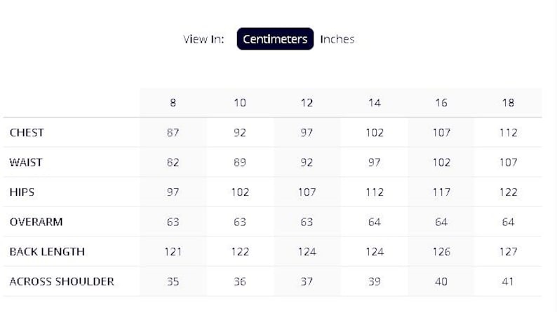 May include: A white table of garment measurements in centimeters, including chest, waist, hips, overarm, back length, and across shoulder. Sizes range from 8 to 18. The image also shows the option to view measurements in inches.