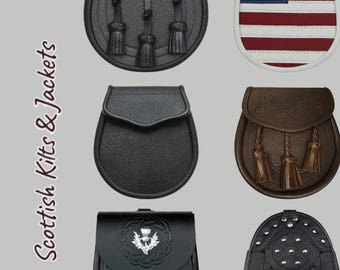 Peut inclure: Divers modèles de sporrans, accessoires écossais traditionnels, en cuir noir et marron. Certains ont des glands et des détails métalliques. Un sporran arbore le drapeau américain. Le texte "Scottish Kilts & Jackets" est également présent.