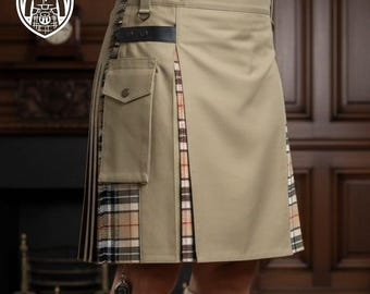 Hybrid Brown & Camel Tartan Utility Kilt: Modern Scottish Highland Wear