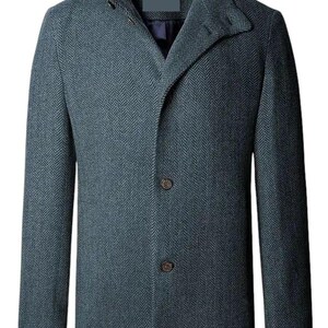 May include: A teal herringbone pattern coat with a notched lapel and two brown buttons. The coat has long sleeves and a classic, tailored design. The coat is a medium length and has a collared neckline.