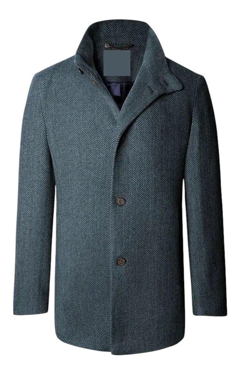 May include: A teal herringbone pattern coat with a notched lapel and two brown buttons. The coat has long sleeves and a classic, tailored design. The coat is a medium length and has a collared neckline.