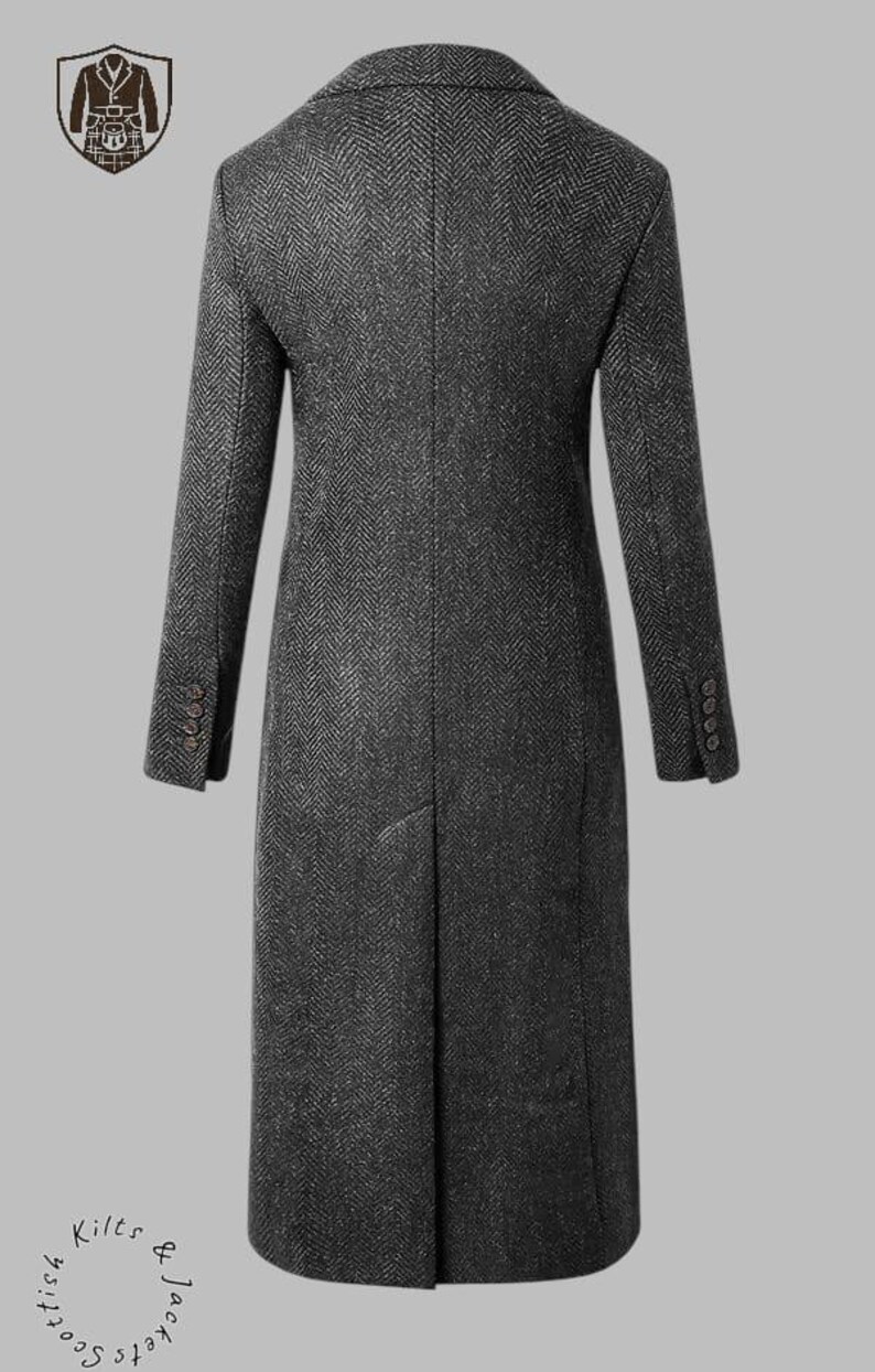 May include: A charcoal gray herringbone pattern overcoat. The long coat features a notched lapel, buttoned cuffs, and a single vent in the back. The coat is a classic design, suitable for formal or business attire.