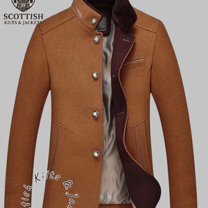 Men’s Wool Blend Band Collar Pea Coat | Elegant Winter Overcoat | Single Breasted Gentlemen’s Jacket in 5 Colours | Formal & Casual Wear