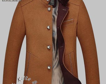 Wool Blend Band Collar Pea Coat: Men's Winter coat| Classic Warm Jacket