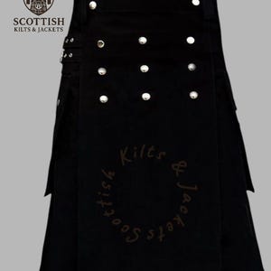 Men Black Utility Kilt | Modern Scottish Fashion Kilt with Cargo Pockets | Handmade Tactical Highland Kilt | Custom Fit for Men | Free Gift