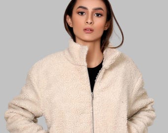 Teddy Faux Fur Bomber Jacket for women | Warm Sherpa Winter Coat