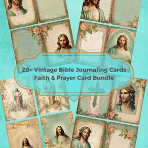Paquete de Escrituras y Tarjetas de Oración Vintage: Más de 20 páginas de diario cristiano, tarjetas con versículos bíblicos, arte de Jesús, kit de efímeras basadas en la fe