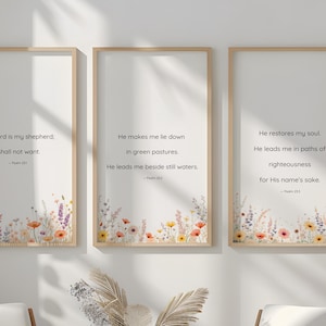 Bible Verse Wall Art Set of 3 | Psalm 23 Prints | Christian Printable Wall Decor | Floral Scripture Art | The Lord Is My Shepherd