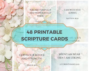 Afdrukbare schriftkaarten | 48 gebedskaarten voor junkjournals en toewijding | Kaarten met bijbelteksten | Vintage bloemen geloofskaarten