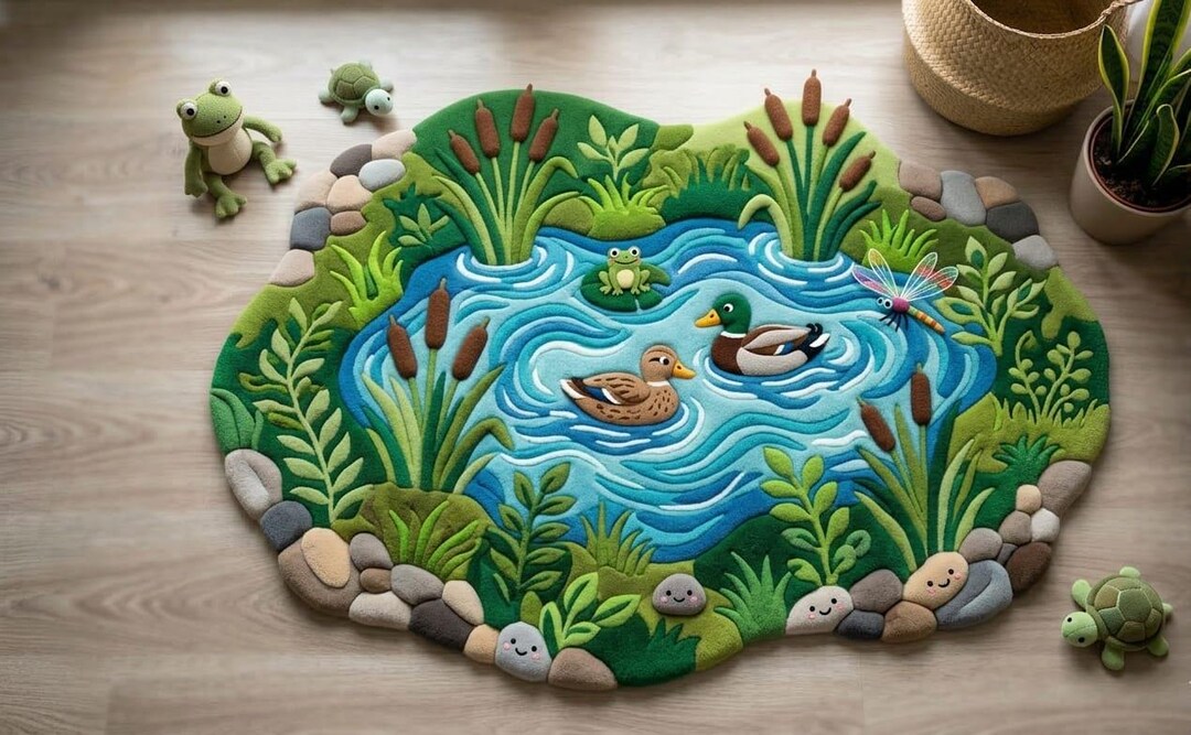 Duck Pond Kids Rug, Frog, Ducks, Dragonfly, Nursery Playroom Carpet - Etsy