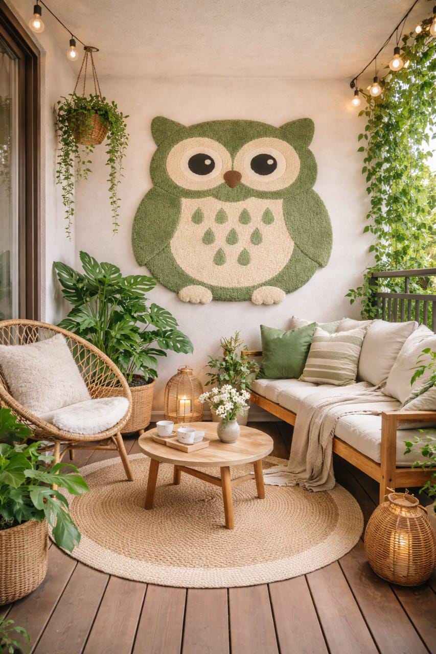 Hand Tufted Owl Wall Rug for Nursery | Cute Animal Kids Room Carpet | Soft Wool Baby Room Decor
