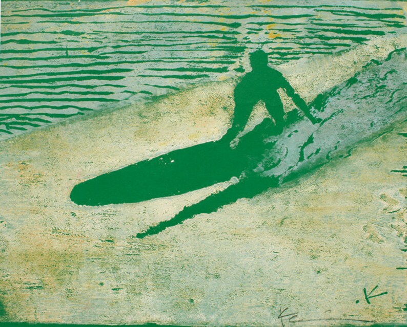 Green Sunshine surf block print Longboard surfer on wave