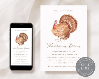 May include: Thanksgiving Dinner invitation featuring a watercolor illustration of a turkey. The invitation includes the text "Please join us for Thanksgiving Dinner" and event details. A smartphone displays the same invitation. The design is on a white background.