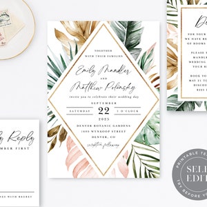 Tropical Wedding Invitation Template Suite, Destination Customizable Wedding Invite Printable Set, Corjl Editable Instant Download, INS-013