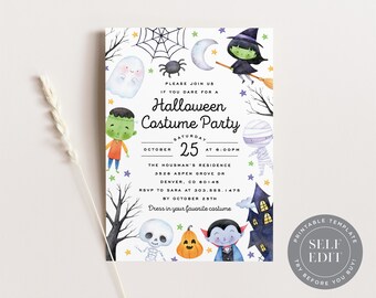 May include: A Halloween costume party invitation featuring watercolor illustrations of a ghost, witch, Frankenstein monster, mummy, skeleton, vampire, pumpkin, spider web, and haunted house with text: Please join us if you dare for a Halloween Costume Party.