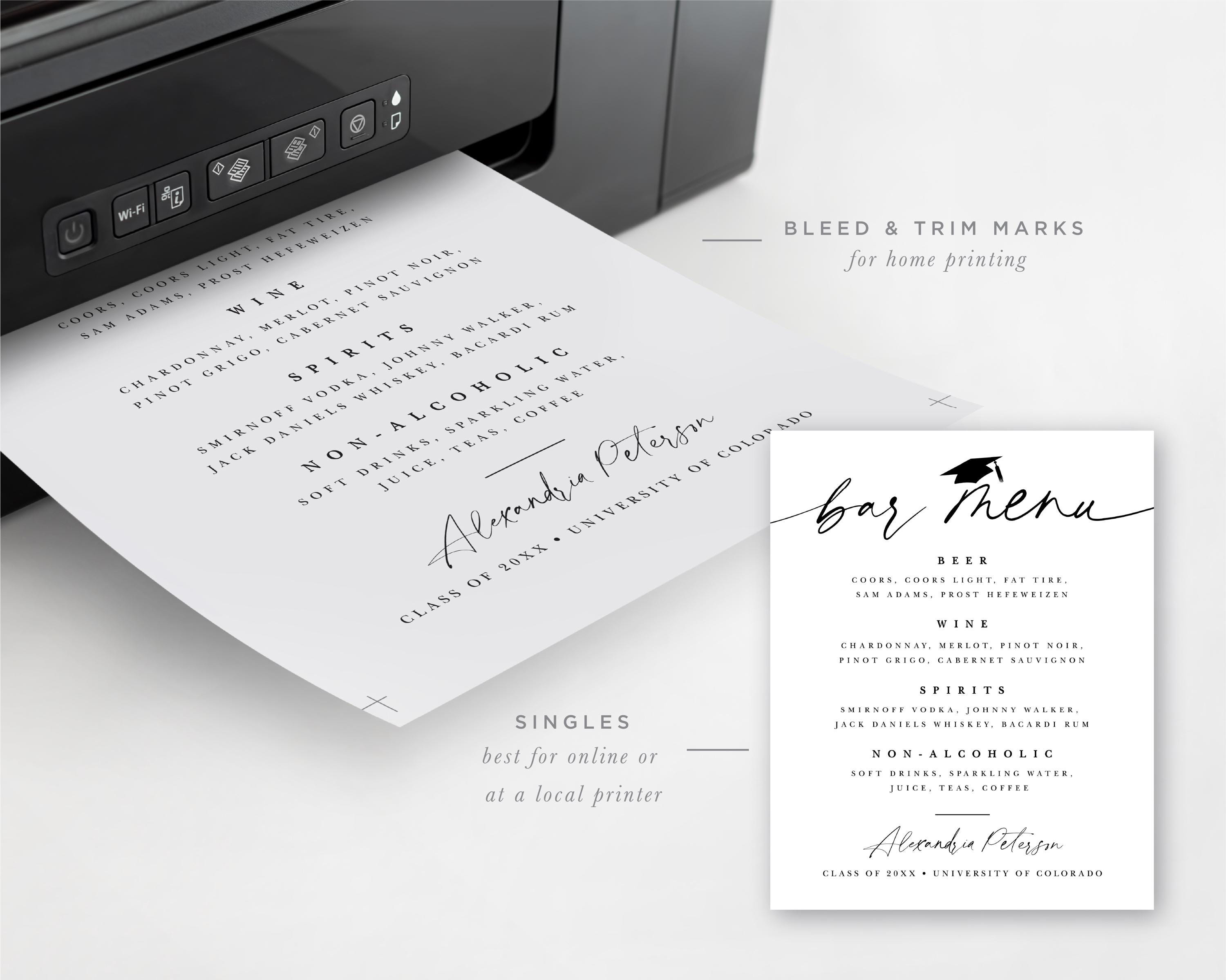 Graduation Bar Menu. Example Graduation Bar Menu Sign: Signature Drinks Printable (5x7 or 8x10 ...