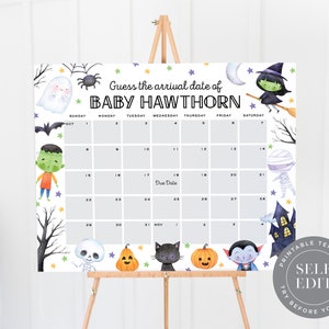Halloween Baby Due Date Kalender Vorlage, Baby Shower Spiel Ratet mal Babys Geburtstag druckbare, mehrere Größen, Corjl bearbeitbar Instant Download