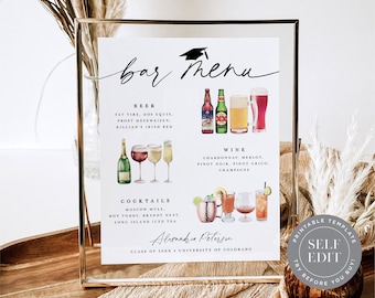 Graduation Bar Menu Sign Template: Signature Drinks (Editable, Instant Download)