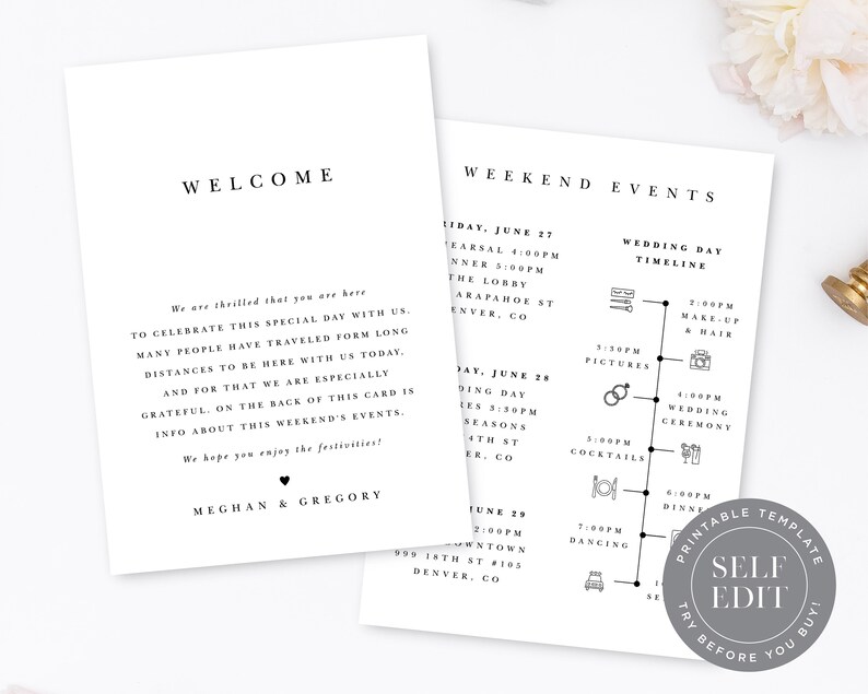 Minimalist Welcome Bag Letter Timeline Template, Simple Order of Events, Wedding Icons Included, Printable Instant Download, ITN-005 image 1