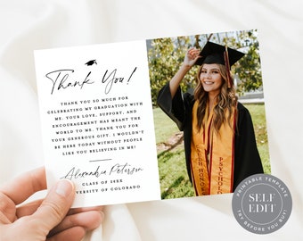 Graduation Photo Card Thank You Template, Minimalist Graduation Thank You Printable, 5x7 or 4x6, Corjl Editable Instant Download, GTY-001