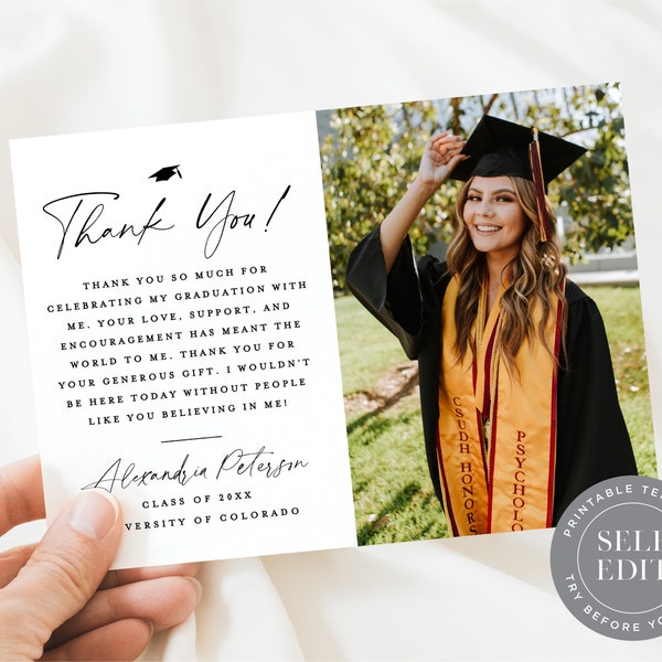 Graduation Photo Card Thank You Template, Minimalist Graduation Thank You Printable, 5x7 or 4x6, Corjl Editable Instant Download, GTY-001
