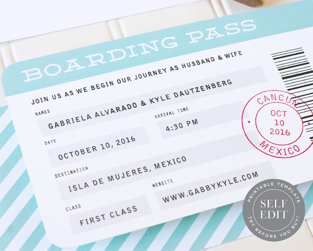 Boarding Pass Wedding Invitation Printable Template, Destination Travel