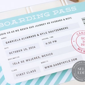 Boarding Pass Wedding Invitation Printable Template, Destination Travel Theme Wedding, INV-006, Editable Instant Download