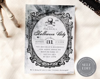 May include: A rectangular Halloween party invitation card featuring a black and white distressed background with an ornate oval frame. The text reads: join us if you dare for a Halloween Party, Saturday October 31 at 6:00PM, The Housman's Residence 3528 Aspen Grove Dr, RSVP to Sara at 303.555.1475 by Oct 25th, We're dying for you to come! Costumes encouraged!