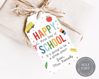 Back to School Tag Printable, Happy First Day of School Tag Template, Teacher Gift Tag, 2x3.5, Corjl Editable Instant Download, SCH-TAG-002