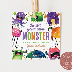 May include: A square gift tag with a light beige string featuring colorful watercolor-style monster illustrations and the text Build your own MONSTER HAPPY HALLOWEEN from, Jackson. The design includes various creatures in purple, green, orange, pink, and blue.