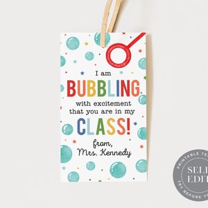 I&#39;m Bubbling with Excitement Teacher Gift Tag Template, Back to School Student Printable 2x3.5, Corjl Editable Instant Download, SCH-TAG-006
