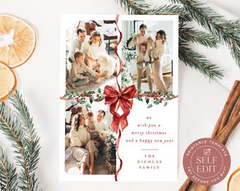 May include: A rectangular Christmas greeting card template featuring three photo frames, a watercolor red ribbon with a bow, and holly leaves. The text reads: we wish you a merry christmas and a happy new year, THE NICOLAS FAMILY. A circular badge says: PRINTABLE TEMPLATE SELF EDIT.