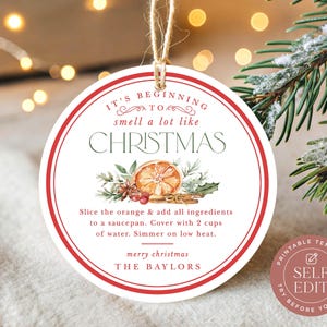 Round Simmer Pot Christmas Gift Tag Template, It’s Beginning to Smell a Lot Like Holiday Gift Printable (3" Round, Corjl EDITABLE Download)