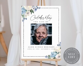 Funeral Welcome Sign Template, Blue Floral Memorial Service Sign Printable, 16x20, 18x24, 24x36, A1, Corjl Editable Instant Download FUR-002