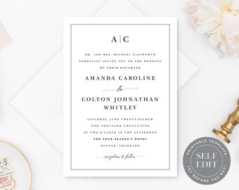 Monogram Wedding Invitation and Website Card Printable Template, Traditional, Classic, Simple, Elegant, Editable Instant Download, INV-017
