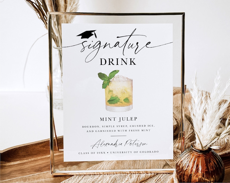 Signature Drink or Cocktail graduation party sign printable template. The design can be customized with your wording.