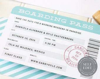 Boarding Pass Save the Date Printable Template, Destination Wedding Save the Date, STD-006, Editable Instant Download