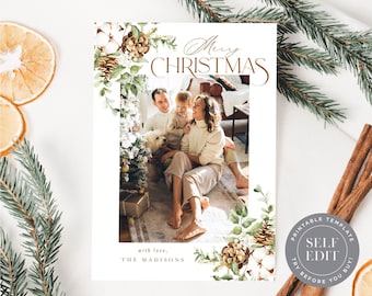 Christmas Greenery Photo Card Template: DIY Holiday Photo Card Printable (Vertical, 5x7, Corjl Editable Digital Download)