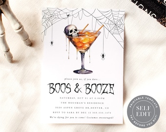 May include: A rectangular Halloween party invitation featuring a martini glass filled with an orange beverage and a skull, topped with spider webs and spiders. The text reads BOOS & BOOZE, with event details including date, time, and location.