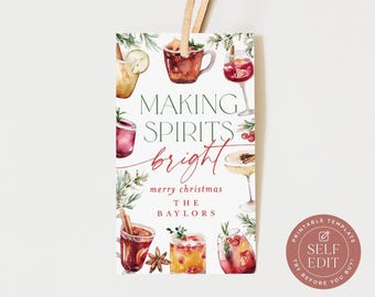 May include: A rectangular gift tag featuring watercolor illustrations of various holiday cocktails, pine branches, and cinnamon sticks. The text reads MAKING SPIRITS bright, merry christmas, and THE BAYLORS in green and red script and serif fonts.