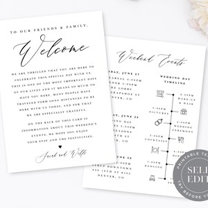 Welcome Bag Letter & Timeline Template, Printable Itinerary Order of Events, Wedding Icons Included, Editable Instant Download, ITN-009