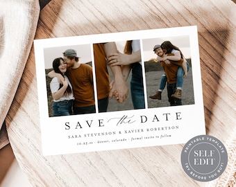 Save the Date Multi Photo Wedding Template, Modern Minimalist Save the Date Printable, 5x7, Corjl Editable Digital Instant Download, STD-P18