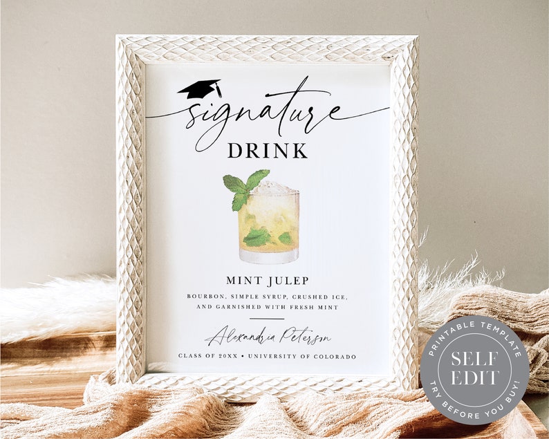 Signature Drink or Cocktail graduation party sign printable template. The design can be customized with your wording.
