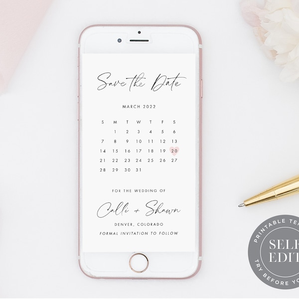 Calendar Digital Save the Date Template, Electronic Save the Dates, Text, Social Media, Email, Instagram, Instant Download, STD-P06