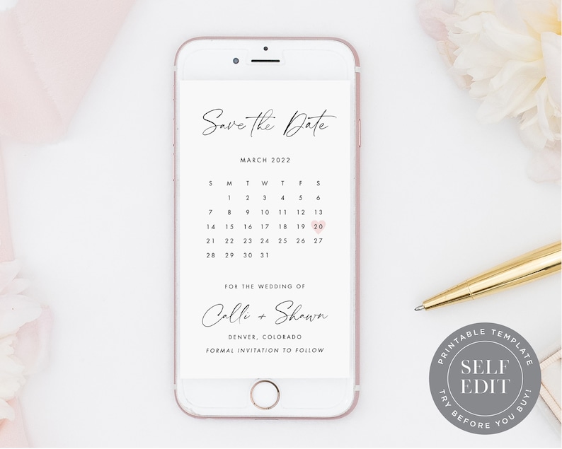 Calendar Digital Save the Date Template, Electronic Save the Dates, Text, Social Media, Email, Instagram, Instant Download, STD-P06 image 1