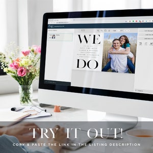 Image of a person at a computer trying the demo version of Paper & Parcel's template on the Corjl web browser. Text says," Try it Out! Copy and paste the link in the listing description."