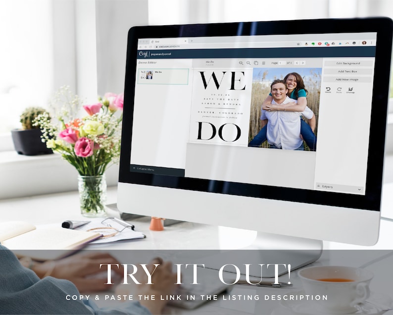 Image of a person at a computer trying the demo version of Paper & Parcel's template on the Corjl web browser. Text says," Try it Out! Copy and paste the link in the listing description."